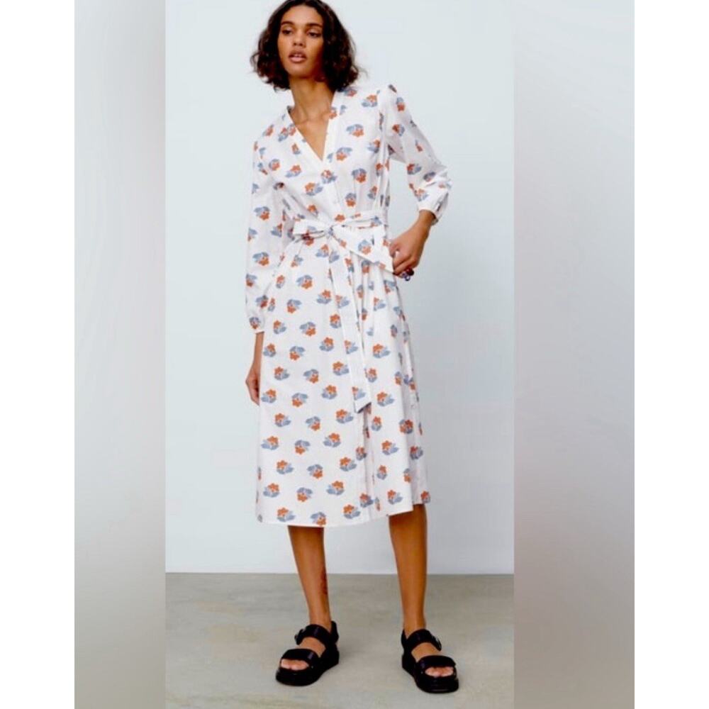 Zara Midi Shirt Dress Poplin Belted Floral White Preppy Career Pockets Size S